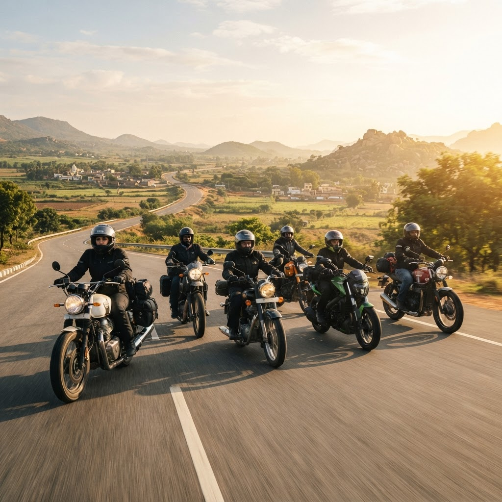 Diverse adult riders traveling together on an open highway.